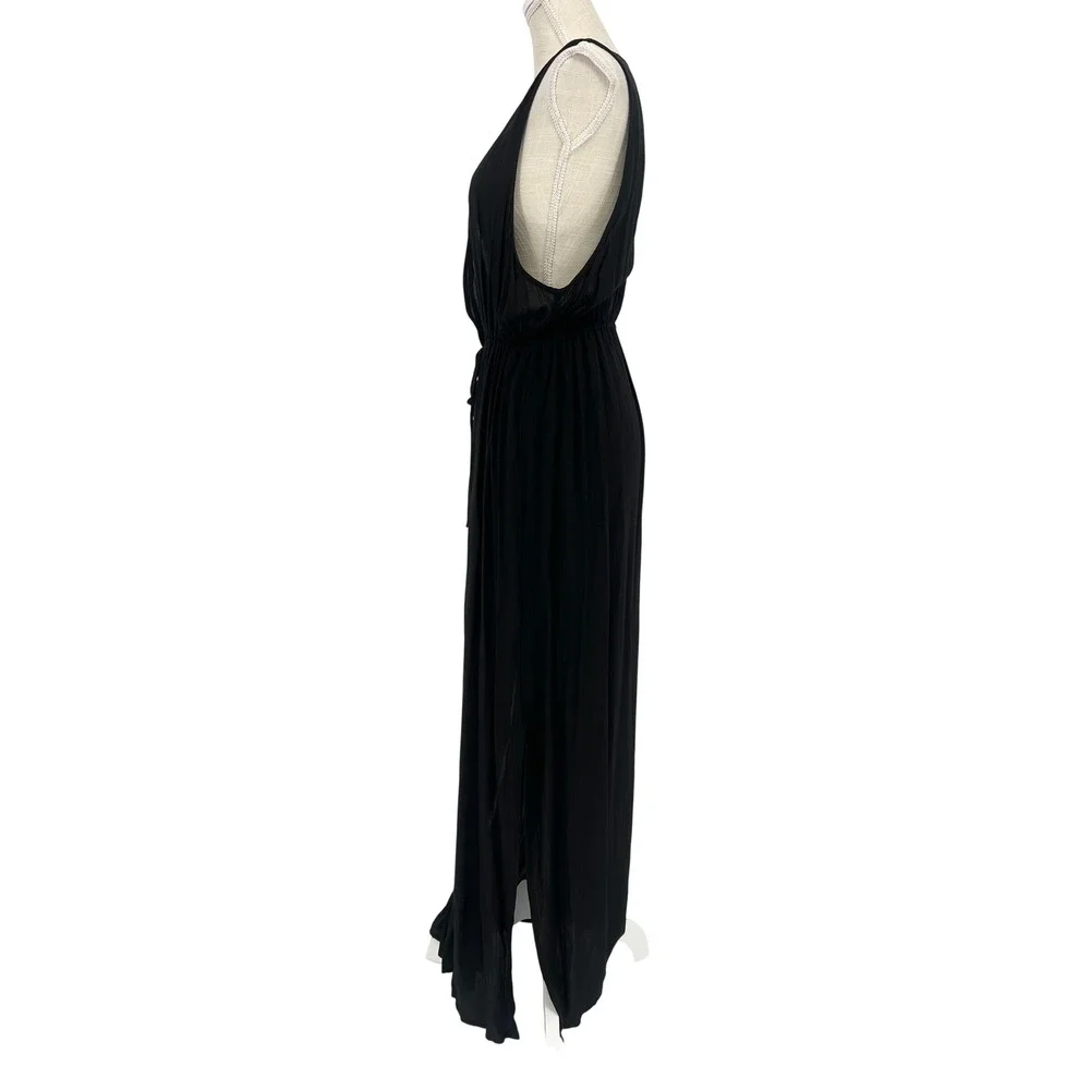 Kona Sol Swim Cover Up Women L/XL Black Maxi V-Neck Drawstring Beach Boho